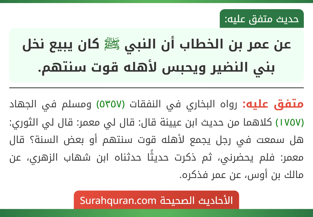 عن عمر بن الخطاب أن النبي ﷺ كان يبيع نخل بني النضير ويحبس لأهله قوت سنتهم.
