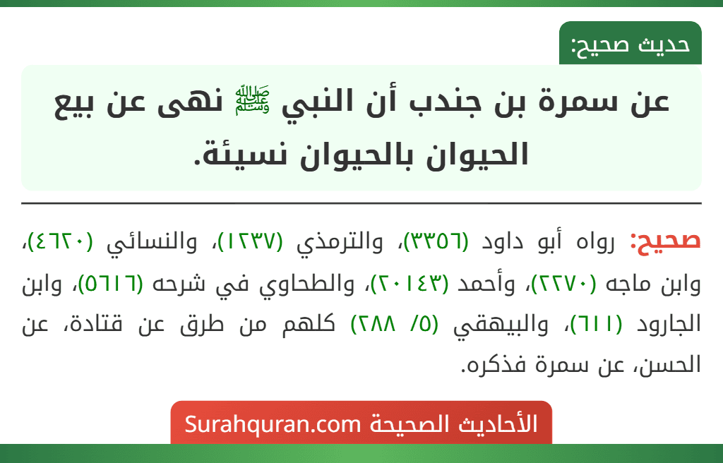 عن سمرة بن جندب أن النبي ﷺ نهى عن بيع الحيوان بالحيوان نسيئة.