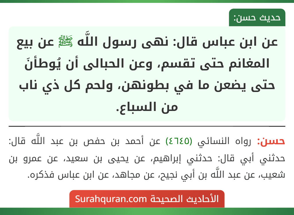 عن ابن عباس قال: نهى رسول اللَّه ﷺ عن بيع المغانم حتى تقسم، وعن الحبالى أن يُوطأنَ حتى يضعن ما في بطونهن، ولحم كل ذي ناب من السباع.