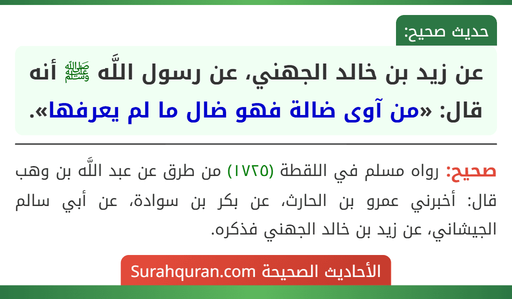 عن زيد بن خالد الجهني، عن رسول اللَّه ﷺ أنه قال: «من آوى ضالة فهو ضال ما لم يعرفها».