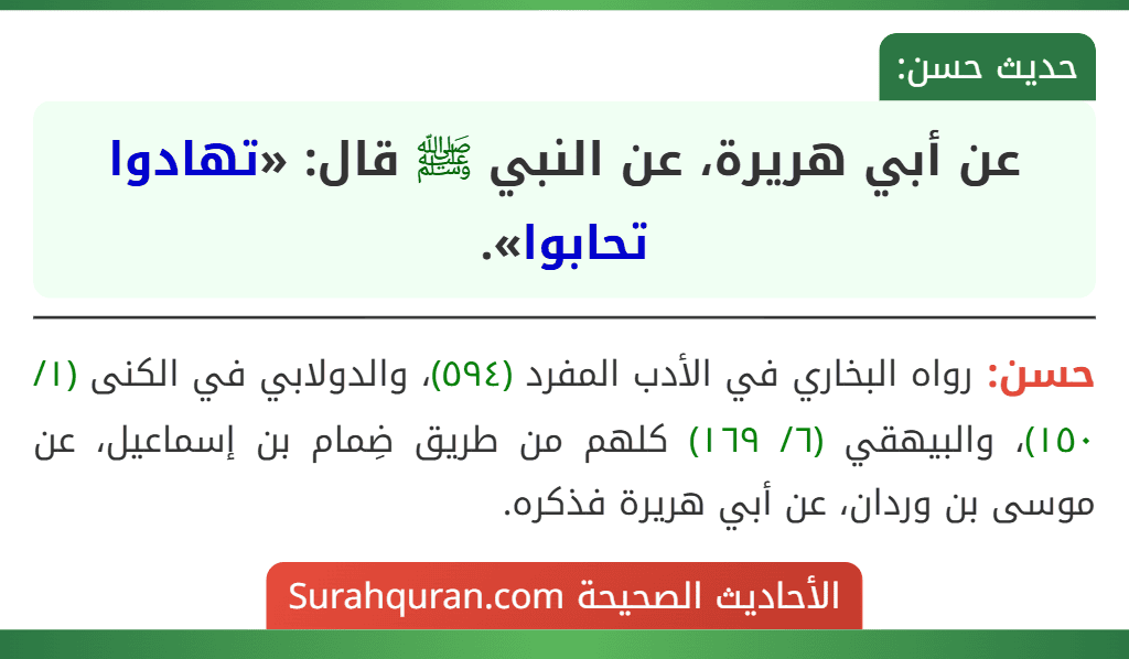 عن أبي هريرة، عن النبي ﷺ قال: «تهادوا تحابوا». عن أبي هريرة، عن النبي ﷺ قال: «تهادوا تحابوا».