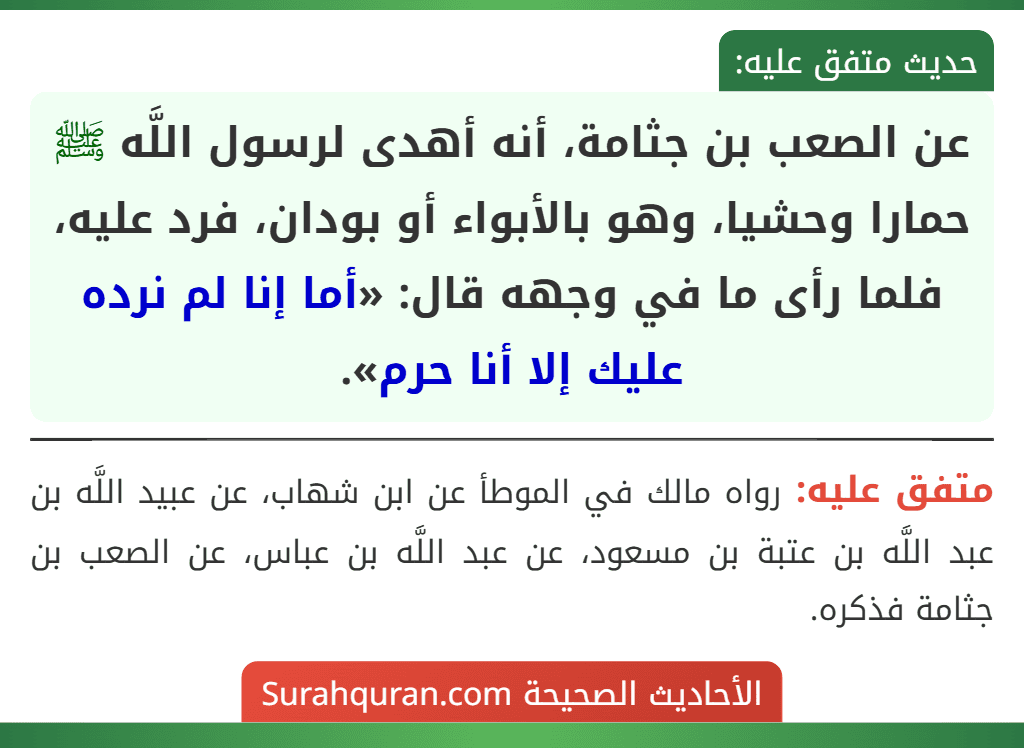 عن الصعب بن جثامة، أنه أهدى لرسول اللَّه ﷺ حمارا وحشيا، وهو بالأبواء أو بودان، فرد عليه، فلما رأى ما في وجهه قال: «أما إنا لم نرده عليك إلا أنا حرم». عن الصعب بن جثامة، أنه أهدى لرسول اللَّه ﷺ حمارا وحشيا، وهو بالأبواء أو بودان، فرد عليه، فلما رأى ما في وجهه قال: «أما إنا لم نرده عليك إلا أنا حرم».