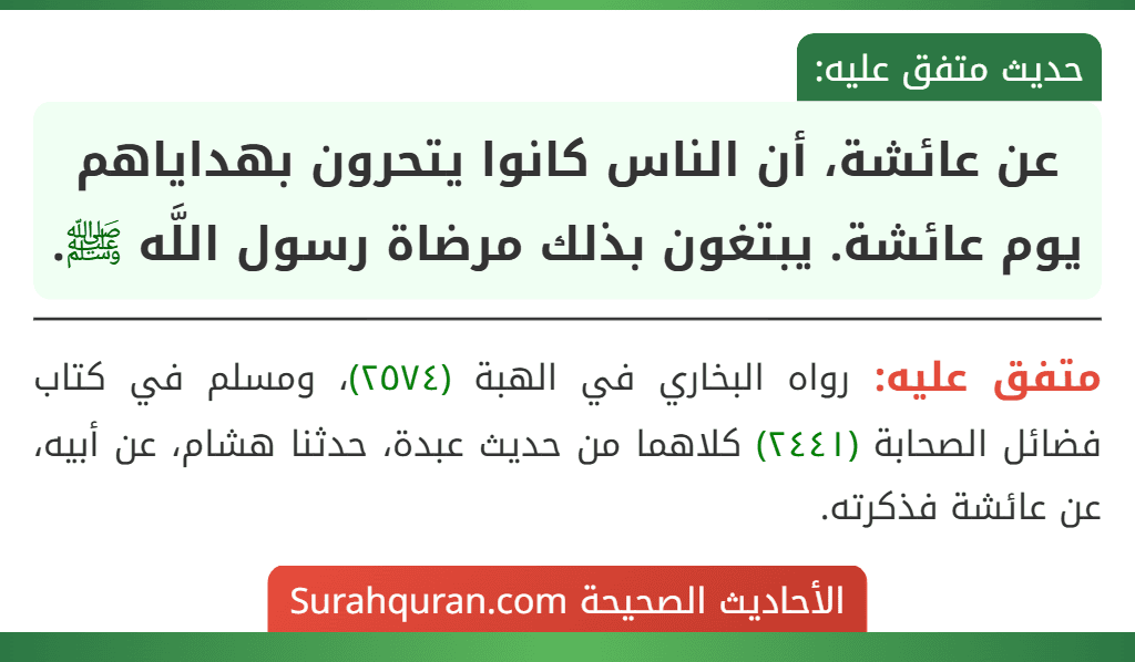 عن عائشة، أن الناس كانوا يتحرون بهداياهم يوم عائشة. يبتغون بذلك مرضاة رسول اللَّه ﷺ.