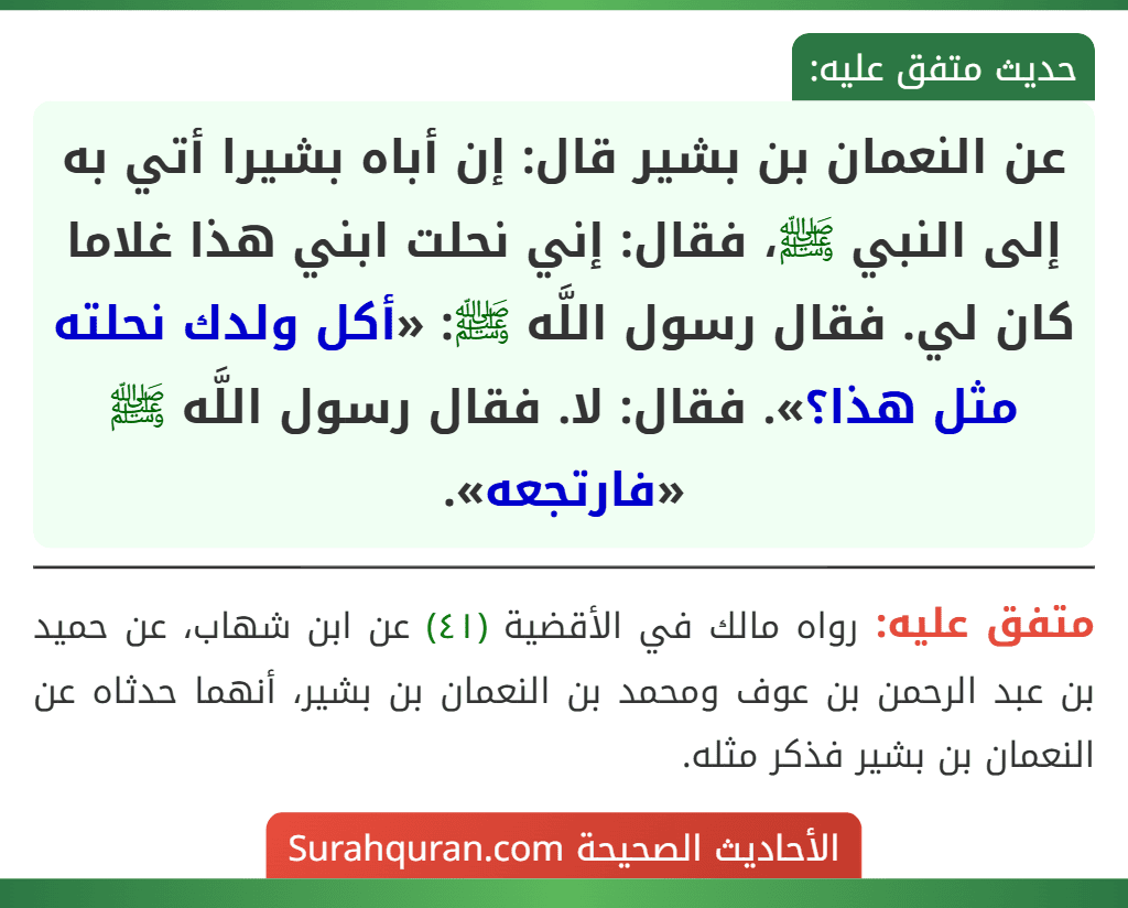 عن النعمان بن بشير قال: إن أباه بشيرا أتي به إلى النبي ﷺ، فقال: إني نحلت ابني هذا غلاما كان لي. فقال رسول اللَّه ﷺ: «أكل ولدك نحلته مثل هذا؟». فقال: لا. فقال رسول اللَّه ﷺ «فارتجعه».