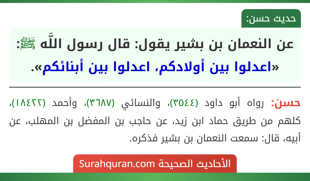عن النعمان بن بشير يقول: قال رسول اللَّه ﷺ: «اعدلوا بين أولادكم، اعدلوا بين أبنائكم». عن النعمان بن بشير يقول: قال رسول اللَّه ﷺ: «اعدلوا بين أولادكم، اعدلوا بين أبنائكم».