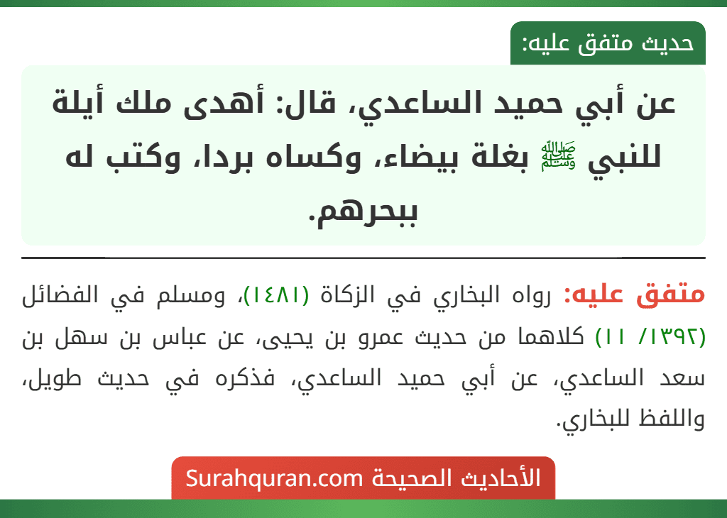 عن أبي حميد الساعدي، قال: أهدى ملك أيلة للنبي ﷺ بغلة بيضاء، وكساه بردا، وكتب له ببحرهم. عن أبي حميد الساعدي، قال: أهدى ملك أيلة للنبي ﷺ بغلة بيضاء، وكساه بردا، وكتب له ببحرهم.