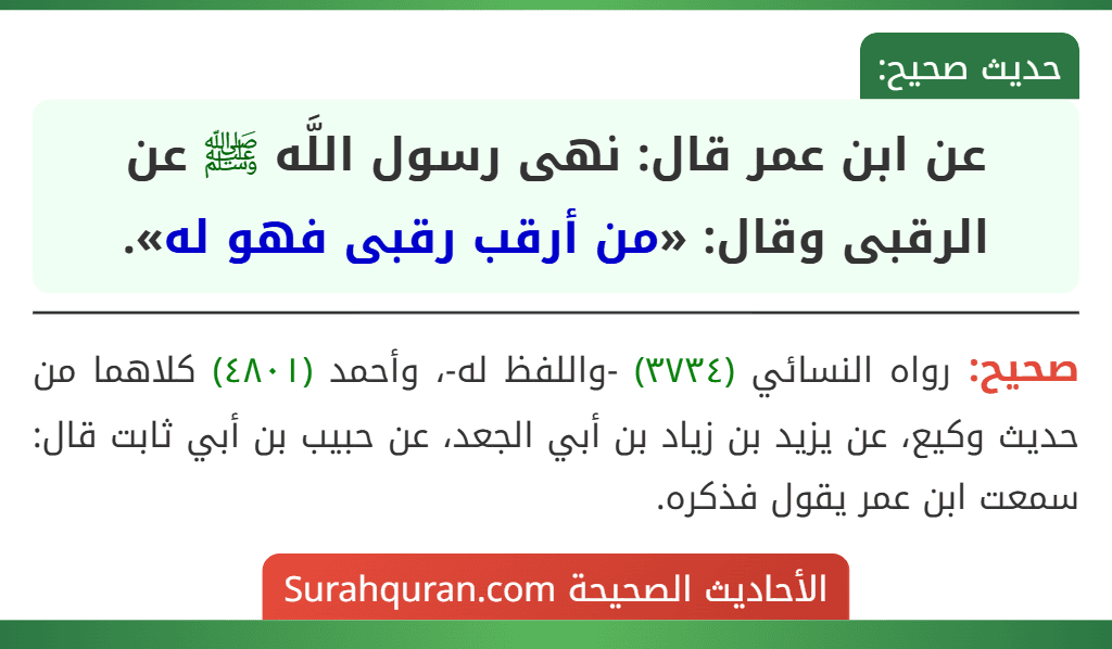 عن ابن عمر قال: نهى رسول اللَّه ﷺ عن الرقبى وقال: «من أرقب رقبى فهو له».