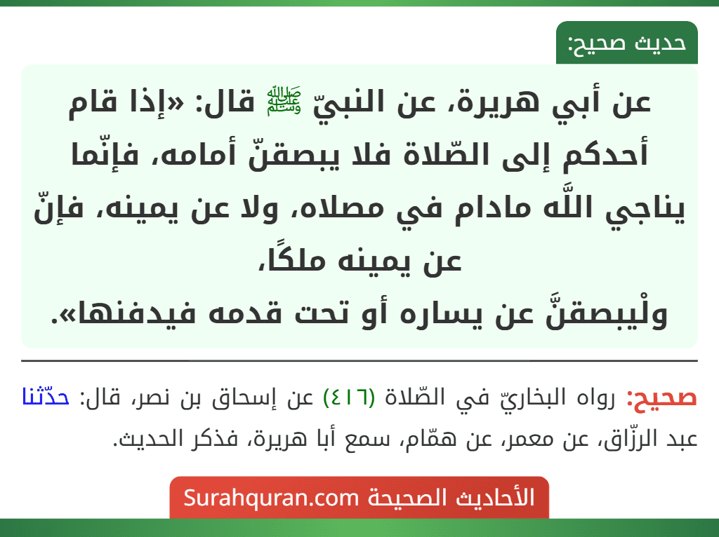 عن أبي هريرة، عن النبيّ ﷺ قال: «إذا قام أحدكم إلى الصّلاة فلا يبصقنّ أمامه، فإنّما يناجي اللَّه مادام في مصلاه، ولا عن يمينه، فإنّ عن يمينه ملكًا،
ولْيبصقنَّ عن يساره أو تحت قدمه فيدفنها».