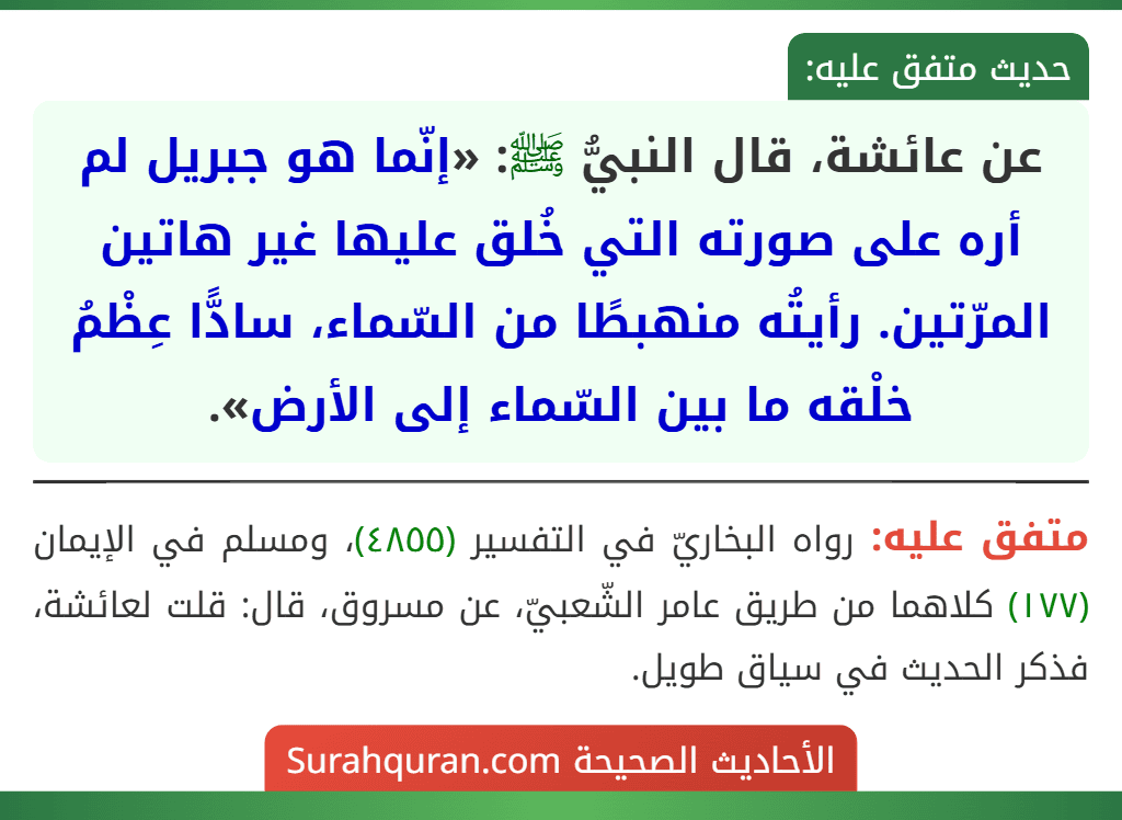 عن عائشة، قال النبيُّ ﷺ: «إنّما هو جبريل لم أره على صورته التي خُلق عليها غير هاتين المرّتين. رأيتُه منهبطًا من السّماء، سادًّا عِظْمُ خلْقه ما بين السّماء إلى الأرض». عن عائشة، قال النبيُّ ﷺ: «إنّما هو جبريل لم أره على صورته التي خُلق عليها غير هاتين المرّتين. رأيتُه منهبطًا من السّماء، سادًّا عِظْمُ خلْقه ما بين السّماء إلى الأرض».