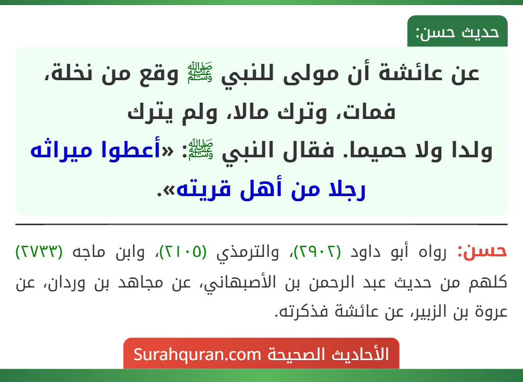 عن عائشة أن مولى للنبي ﷺ وقع من نخلة، فمات، وترك مالا، ولم يترك
ولدا ولا حميما. فقال النبي ﷺ: «أعطوا ميراثه رجلا من أهل قريته». عن عائشة أن مولى للنبي ﷺ وقع من نخلة، فمات، وترك مالا، ولم يترك
ولدا ولا حميما. فقال النبي ﷺ: «أعطوا ميراثه رجلا من أهل قريته».