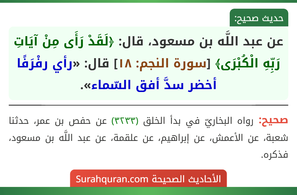 عن عبد اللَّه بن مسعود، قال: ﴿لَقَدْ رَأَى مِنْ آيَاتِ رَبِّهِ الْكُبْرَى﴾ [سورة النجم: ١٨] قال: «رأي رفْرَفًا أخضر سدَّ أفق السّماء».