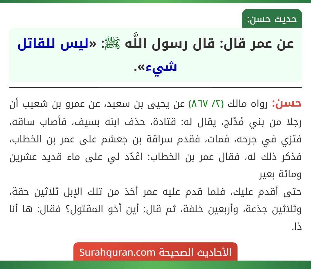 عن عمر قال: قال رسول اللَّه ﷺ: «ليس للقاتل شيء».