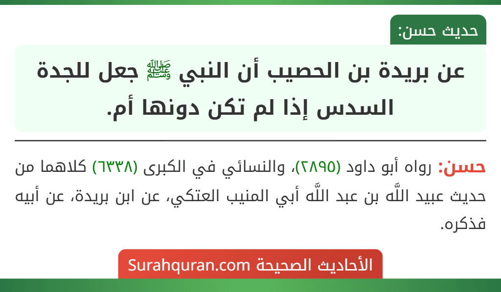 عن بريدة بن الحصيب أن النبي ﷺ جعل للجدة السدس إذا لم تكن دونها أم.