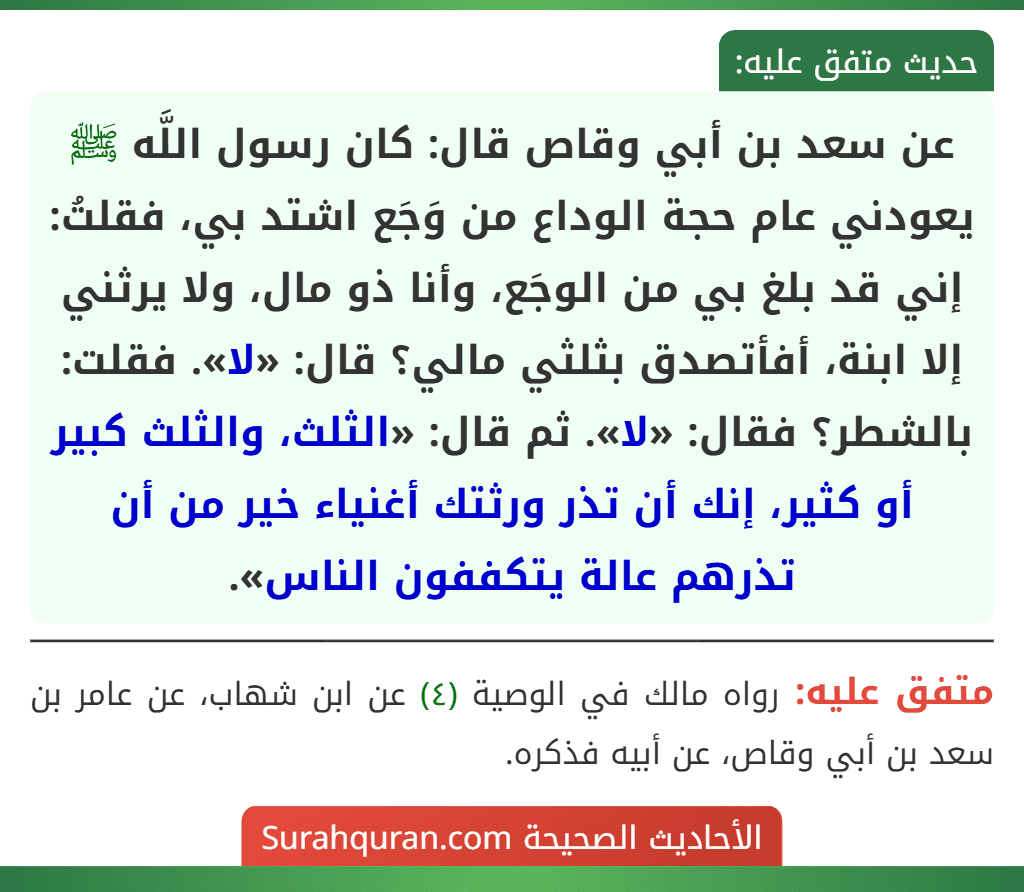عن سعد بن أبي وقاص قال: كان رسول اللَّه ﷺ يعودني عام حجة الوداع من وَجَع اشتد بي، فقلتُ: إني قد بلغ بي من الوجَع، وأنا ذو مال، ولا يرثني إلا ابنة، أفأتصدق بثلثي مالي؟ قال: «لا». فقلت: بالشطر؟ فقال: «لا». ثم قال: «الثلث، والثلث كبير أو كثير، إنك أن تذر ورثتك أغنياء خير من أن تذرهم عالة يتكففون الناس». عن سعد بن أبي وقاص قال: كان رسول اللَّه ﷺ يعودني عام حجة الوداع من وَجَع اشتد بي، فقلتُ: إني قد بلغ بي من الوجَع، وأنا ذو مال، ولا يرثني إلا ابنة، أفأتصدق بثلثي مالي؟ قال: «لا». فقلت: بالشطر؟ فقال: «لا». ثم قال: «الثلث، والثلث كبير أو كثير، إنك أن تذر ورثتك أغنياء خير من أن تذرهم عالة يتكففون الناس».