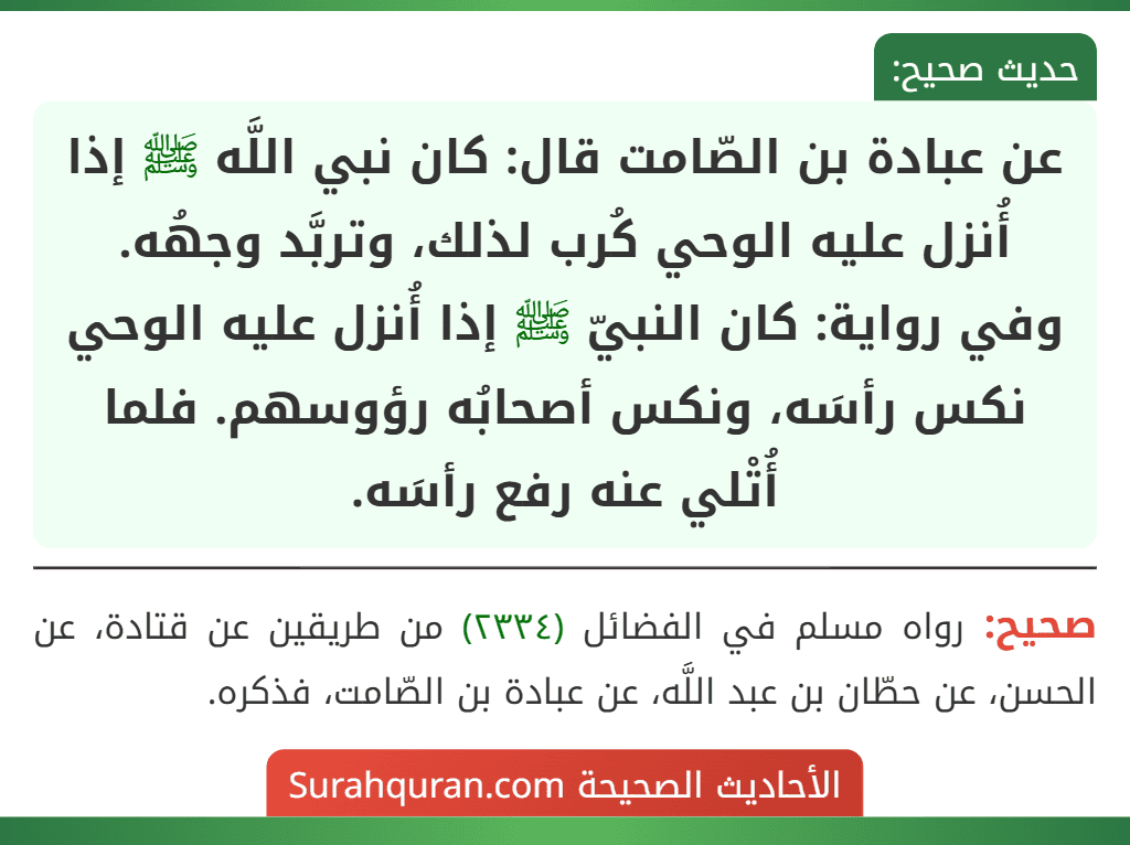 عن عبادة بن الصّامت قال: كان نبي اللَّه ﷺ إذا أُنزل عليه الوحي كُرب لذلك، وتربَّد وجهُه.
وفي رواية: كان النبيّ ﷺ إذا أُنزل عليه الوحي نكس رأسَه، ونكس أصحابُه رؤوسهم. فلما أُتْلي عنه رفع رأسَه.