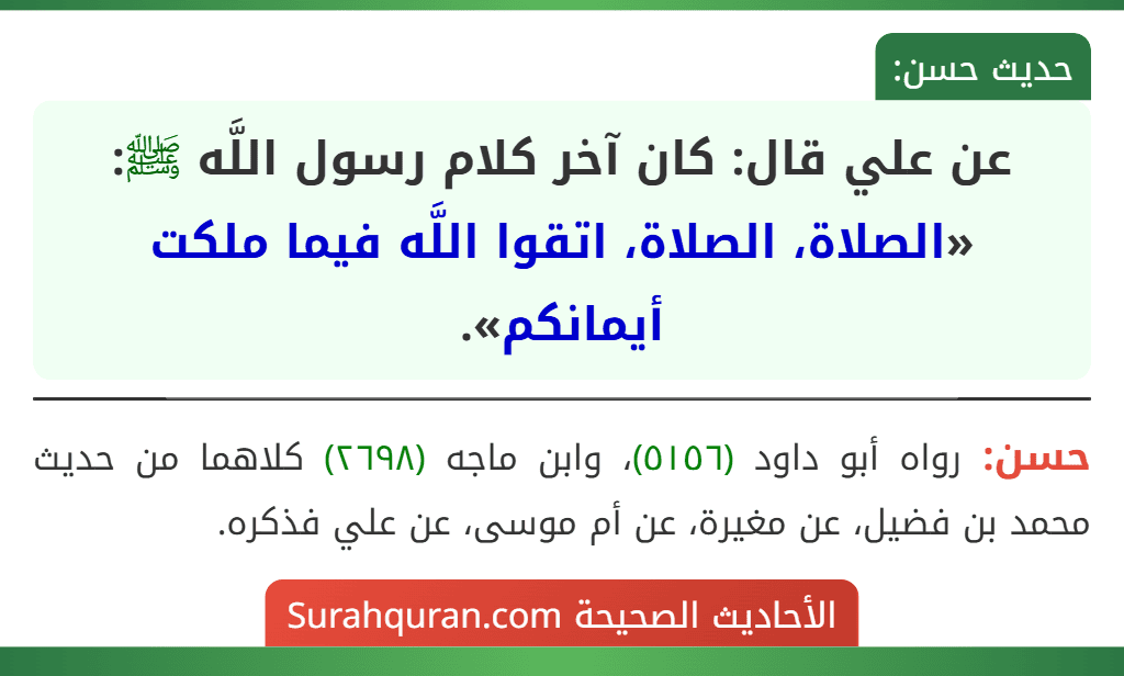 عن علي قال: كان آخر كلام رسول اللَّه ﷺ: «الصلاة، الصلاة، اتقوا اللَّه فيما ملكت أيمانكم».