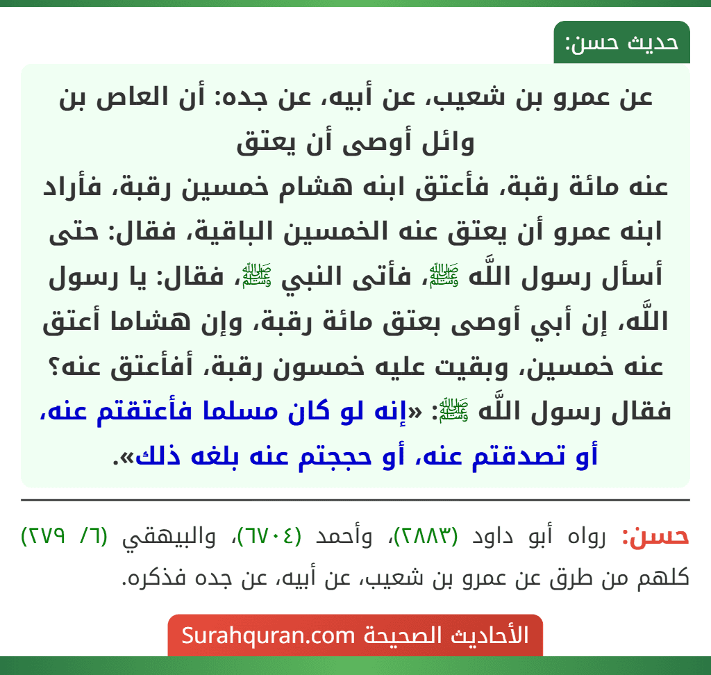 عن عمرو بن شعيب، عن أبيه، عن جده: أن العاص بن وائل أوصى أن يعتق
عنه مائة رقبة، فأعتق ابنه هشام خمسين رقبة، فأراد ابنه عمرو أن يعتق عنه الخمسين الباقية، فقال: حتى أسأل رسول اللَّه ﷺ، فأتى النبي ﷺ، فقال: يا رسول اللَّه، إن أبي أوصى بعتق مائة رقبة، وإن هشاما أعتق عنه خمسين، وبقيت عليه خمسون رقبة، أفأعتق عنه؟ فقال رسول اللَّه ﷺ: «إنه لو كان مسلما فأعتقتم عنه، أو تصدقتم عنه، أو حججتم عنه بلغه ذلك». عن عمرو بن شعيب، عن أبيه، عن جده: أن العاص بن وائل أوصى أن يعتق
عنه مائة رقبة، فأعتق ابنه هشام خمسين رقبة، فأراد ابنه عمرو أن يعتق عنه الخمسين الباقية، فقال: حتى أسأل رسول اللَّه ﷺ، فأتى النبي ﷺ، فقال: يا رسول اللَّه، إن أبي أوصى بعتق مائة رقبة، وإن هشاما أعتق عنه خمسين، وبقيت عليه خمسون رقبة، أفأعتق عنه؟ فقال رسول اللَّه ﷺ: «إنه لو كان مسلما فأعتقتم عنه، أو تصدقتم عنه، أو حججتم عنه بلغه ذلك».