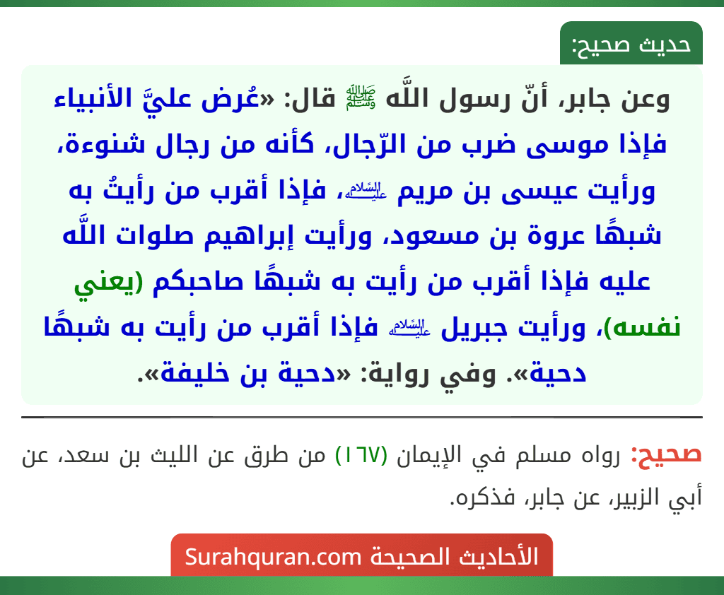 وعن جابر، أنّ رسول اللَّه ﷺ قال: «عُرض عليَّ الأنبياء فإذا موسى ضرب من الرّجال، كأنه من رجال شنوءة، ورأيت عيسى بن مريم ﵇، فإذا أقرب من رأيتُ به شبهًا عروة بن مسعود، ورأيت إبراهيم صلوات اللَّه عليه فإذا أقرب من رأيت به شبهًا صاحبكم (يعني نفسه)، ورأيت جبريل ﵇ فإذا أقرب من رأيت به شبهًا دحية». وفي رواية: «دحية بن خليفة».