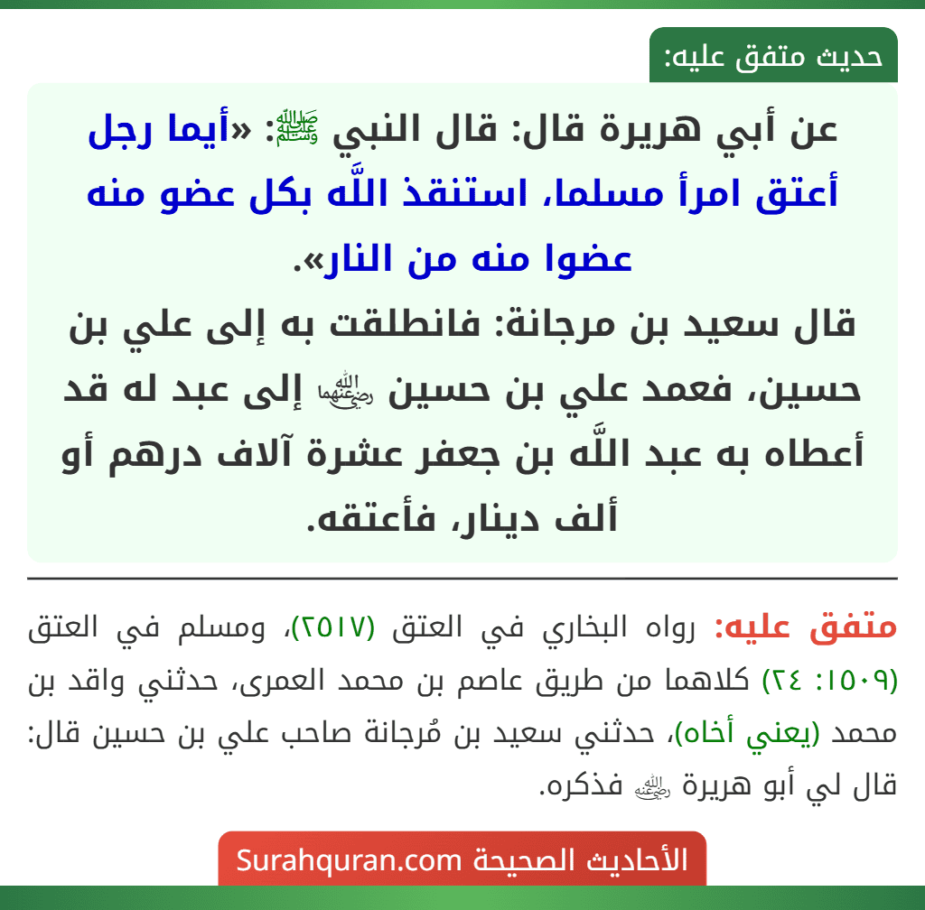 عن أبي هريرة قال: قال النبي ﷺ: «أيما رجل أعتق امرأ مسلما، استنقذ اللَّه بكل عضو منه عضوا منه من النار».
قال سعيد بن مرجانة: فانطلقت به إلى علي بن حسين، فعمد علي بن حسين ﵄ إلى عبد له قد أعطاه به عبد اللَّه بن جعفر عشرة آلاف درهم أو ألف دينار، فأعتقه.