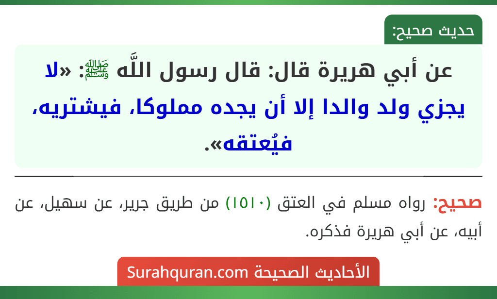 عن أبي هريرة قال: قال رسول اللَّه ﷺ: «لا يجزي ولد والدا إلا أن يجده مملوكا، فيشتريه، فيُعتقه».