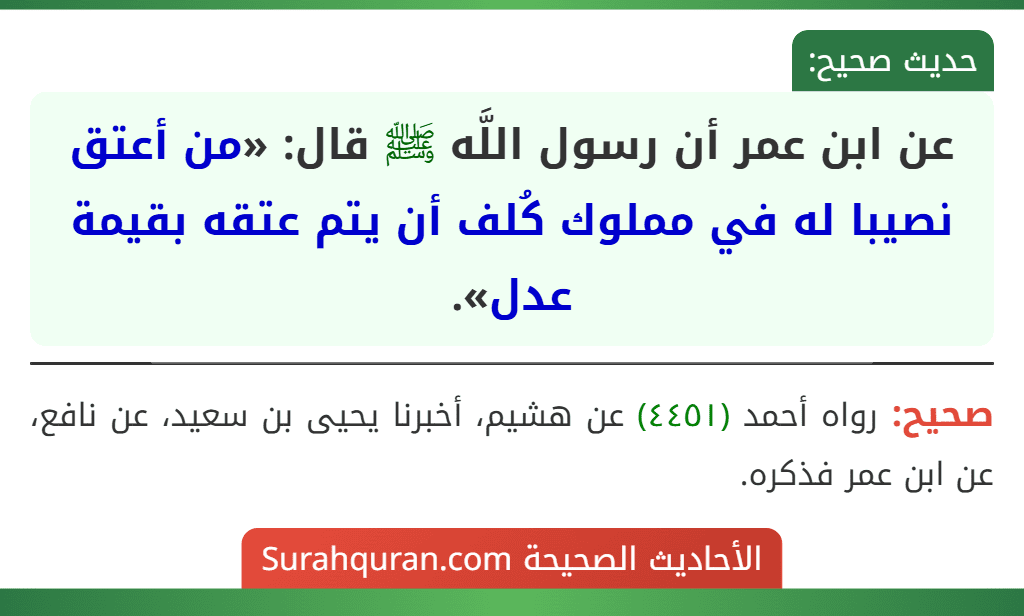 عن ابن عمر أن رسول اللَّه ﷺ قال: «من أعتق نصيبا له في مملوك كُلف أن يتم عتقه بقيمة عدل».