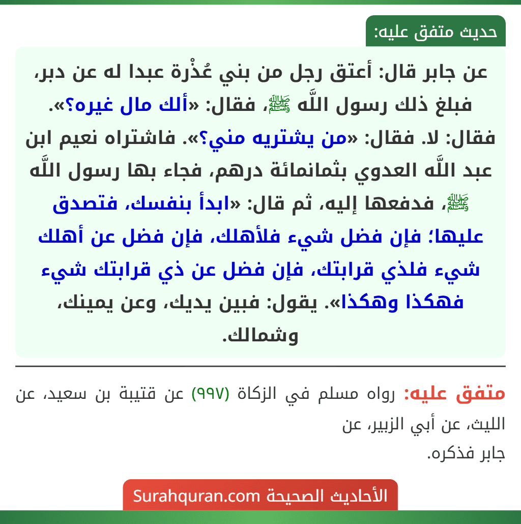 عن جابر قال: أعتق رجل من بني عُذْرة عبدا له عن دبر، فبلغ ذلك رسول اللَّه ﷺ، فقال: «ألك مال غيره؟». فقال: لا. فقال: «من يشتريه مني؟». فاشتراه نعيم ابن عبد اللَّه العدوي بثمانمائة درهم، فجاء بها رسول اللَّه ﷺ، فدفعها إليه، ثم قال: «ابدأ بنفسك، فتصدق عليها؛ فإن فضل شيء فلأهلك، فإن فضل عن أهلك شيء فلذي قرابتك، فإن فضل عن ذي قرابتك شيء فهكذا وهكذا». يقول: فبين يديك، وعن يمينك، وشمالك.