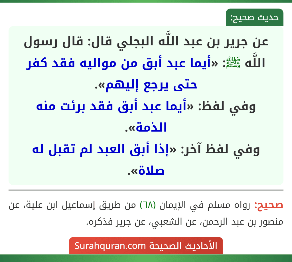 عن جرير بن عبد اللَّه البجلي قال: قال رسول اللَّه ﷺ: «أيما عبد أبق من مواليه فقد كفر حتى يرجع إليهم».
وفي لفظ: «أيما عبد أبق فقد برئت منه الذمة».
وفي لفظ آخر: «إذا أبق العبد لم تقبل له صلاة».