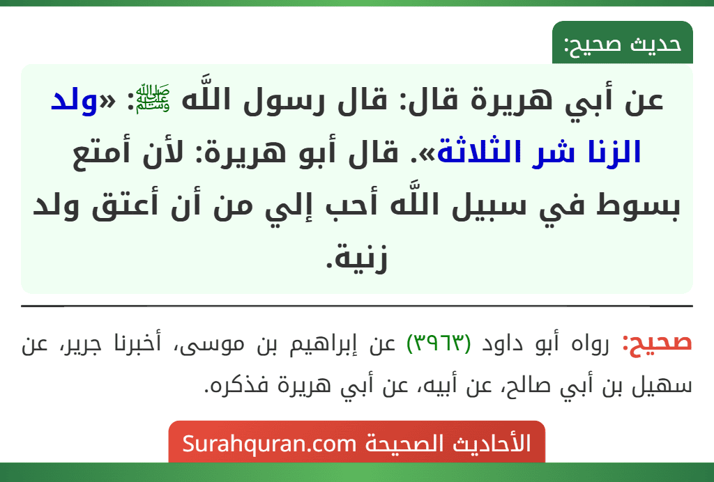 عن أبي هريرة قال: قال رسول اللَّه ﷺ: «ولد الزنا شر الثلاثة». قال أبو هريرة: لأن أمتع بسوط في سبيل اللَّه أحب إلي من أن أعتق ولد زنية. عن أبي هريرة قال: قال رسول اللَّه ﷺ: «ولد الزنا شر الثلاثة». قال أبو هريرة: لأن أمتع بسوط في سبيل اللَّه أحب إلي من أن أعتق ولد زنية.