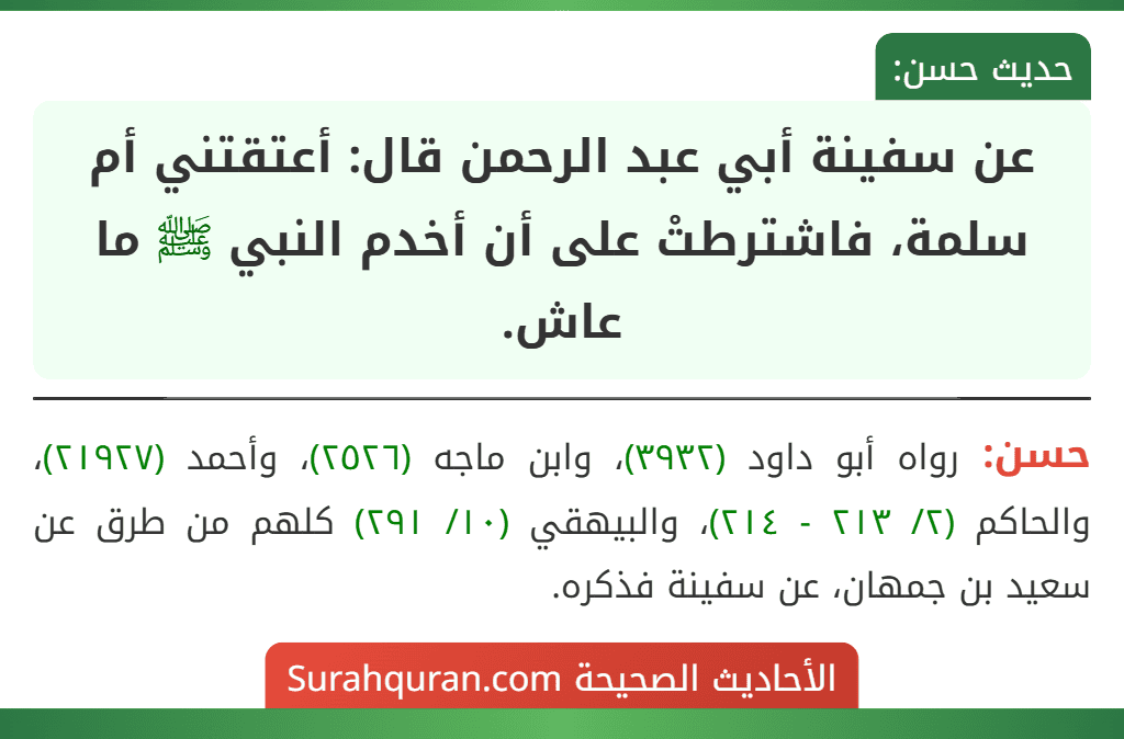عن سفينة أبي عبد الرحمن قال: أعتقتني أم سلمة، فاشترطتْ على أن أخدم النبي ﷺ ما عاش. عن سفينة أبي عبد الرحمن قال: أعتقتني أم سلمة، فاشترطتْ على أن أخدم النبي ﷺ ما عاش.