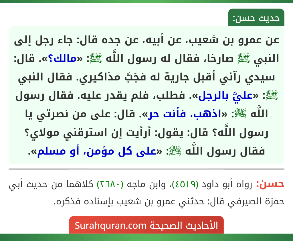 عن عمرو بن شعيب، عن أبيه، عن جده قال: جاء رجل إلى النبي ﷺ صارخا، فقال له رسول اللَّه ﷺ: «مالك؟». قال: سيدي رآني أقبل جارية له فجَبَّ مذاكيري. فقال النبي ﷺ: «عليَّ بالرجل». فطلب، فلم يقدر عليه. فقال رسول اللَّه ﷺ: «اذهب، فأنت حر». قال: على من نصرتي يا رسول اللَّه؟ قال: يقول: أرأيت إن استرقني مولاي؟ فقال رسول اللَّه ﷺ: «على كل مؤمن، أو مسلم».