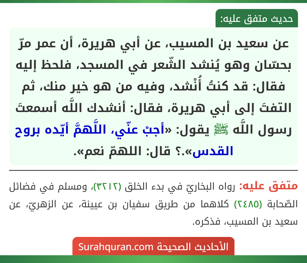 عن سعيد بن المسيب، عن أبي هريرة، أن عمر مرّ بحسّان وهو يُنشد الشّعر في المسجد، فلحظ إليه فقال: قد كنتُ أُنْشد، وفيه من هو خير منك، ثم التفتَ إلى أبي هريرة، فقال: أنشدك اللَّه أسمعتَ رسول اللَّه ﷺ يقول: «أجبْ عنّي، اللَّهمَّ أيّده بروح القدس».؟ قال: اللهمّ نعم».