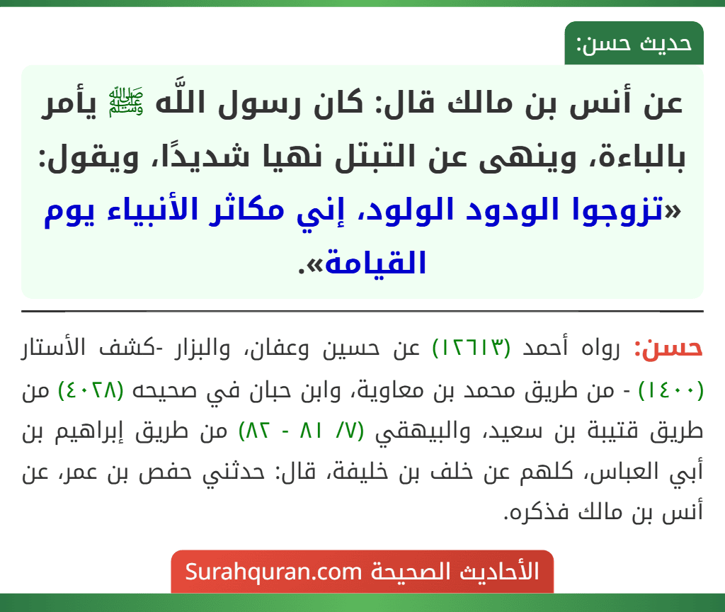 عن أنس بن مالك قال: كان رسول اللَّه ﷺ يأمر بالباءة، وينهى عن التبتل نهيا شديدًا، ويقول: «تزوجوا الودود الولود، إني مكاثر الأنبياء يوم القيامة».