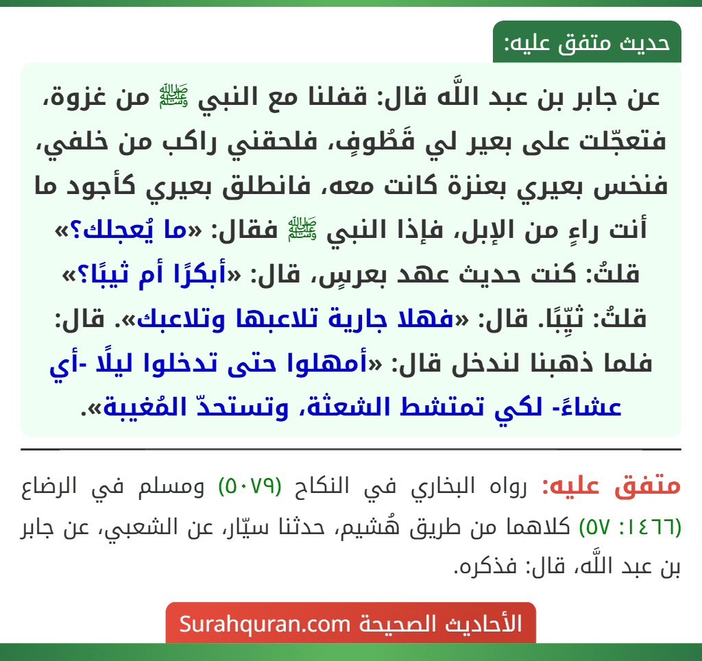 عن جابر بن عبد اللَّه قال: قفلنا مع النبي ﷺ من غزوة، فتعجّلت على بعير لي قَطُوفٍ، فلحقني راكب من خلفي، فنخس بعيري بعنزة كانت معه، فانطلق بعيري كأجود ما أنت راءٍ من الإبل، فإذا النبي ﷺ فقال: «ما يُعجلك؟» قلتُ: كنت حديث عهد بعرسٍ، قال: «أبكرًا أم ثيبًا؟» قلتُ: ثيِّبًا. قال: «فهلا جارية تلاعبها وتلاعبك». قال: فلما ذهبنا لندخل قال: «أمهلوا حتى تدخلوا ليلًا -أي عشاءً- لكي تمتشط الشعثة، وتستحدّ المُغيبة».