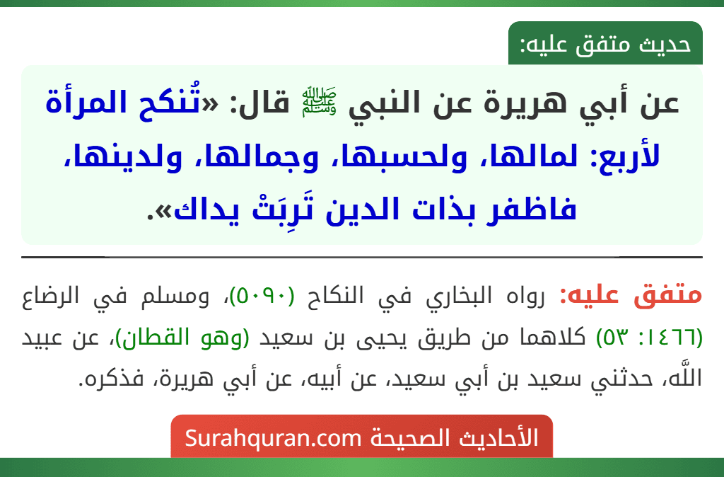 عن أبي هريرة عن النبي ﷺ قال: «تُنكح المرأة لأربع: لمالها، ولحسبها، وجمالها، ولدينها، فاظفر بذات الدين تَرِبَتْ يداك». عن أبي هريرة عن النبي ﷺ قال: «تُنكح المرأة لأربع: لمالها، ولحسبها، وجمالها، ولدينها، فاظفر بذات الدين تَرِبَتْ يداك».