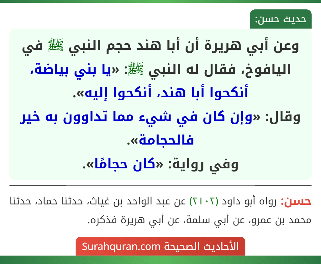 وعن أبي هريرة أن أبا هند حجم النبي ﷺ في اليافوخ، فقال له النبي ﷺ: «يا بني بياضة، أنكحوا أبا هند، أنكحوا إليه».
وقال: «وإن كان في شيء مما تداوون به خير فالحجامة».
وفي رواية: «كان حجامًا».