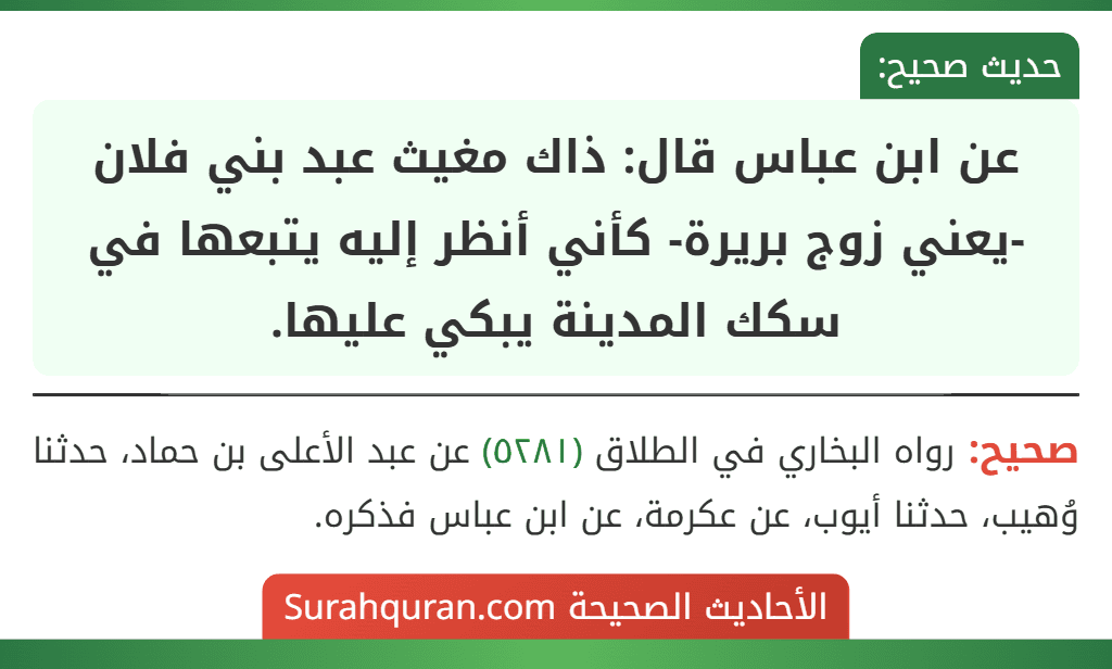 عن ابن عباس قال: ذاك مغيث عبد بني فلان -يعني زوج بريرة- كأني أنظر إليه يتبعها في سكك المدينة يبكي عليها.