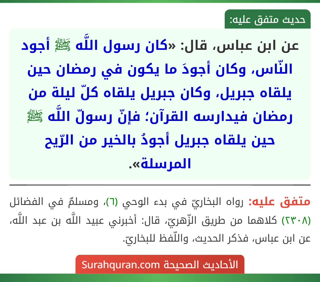 عن ابن عباس، قال: «كان رسول اللَّه ﷺ أجود النّاس، وكان أجودَ ما يكون في رمضان حين يلقاه جبريل، وكان جبريل يلقاه كلّ ليلة من رمضان فيدارسه القرآن؛ فإنّ رسولّ اللَّه ﷺ حين يلقاه جبريل أجودُ بالخير من الرّيح المرسلة». عن ابن عباس، قال: «كان رسول اللَّه ﷺ أجود النّاس، وكان أجودَ ما يكون في رمضان حين يلقاه جبريل، وكان جبريل يلقاه كلّ ليلة من رمضان فيدارسه القرآن؛ فإنّ رسولّ اللَّه ﷺ حين يلقاه جبريل أجودُ بالخير من الرّيح المرسلة».