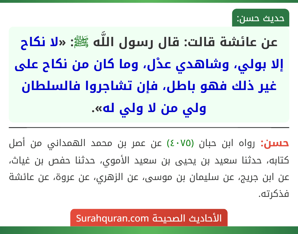 عن عائشة قالت: قال رسول اللَّه ﷺ: «لا نكاح إلا بولي، وشاهدي عدْل، وما كان من نكاح على غير ذلك فهو باطل، فإن تشاجروا فالسلطان ولي من لا ولي له».