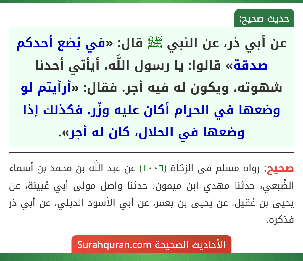 عن أبي ذر، عن النبي ﷺ قال: «في بُضع أحدكم صدقة» قالوا: يا رسول اللَّه، أيأتي أحدنا شهوته، ويكون له فيه أجر. فقال: «أرأيتم لو وضعها في الحرام أكان عليه وزْر. فكذلك إذا وضعها في الحلال، كان له أجر».