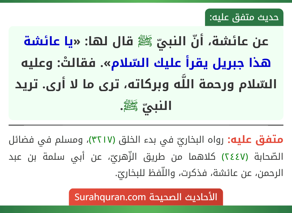 عن عائشة، أنّ النبيّ ﷺ قال لها: «يا عائشة هذا جبريل يقرأ عليك السّلام». فقالتْ: وعليه السّلام ورحمة اللَّه وبركاته، ترى ما لا أرى. تريد النبيّ ﷺ. عن عائشة، أنّ النبيّ ﷺ قال لها: «يا عائشة هذا جبريل يقرأ عليك السّلام». فقالتْ: وعليه السّلام ورحمة اللَّه وبركاته، ترى ما لا أرى. تريد النبيّ ﷺ.