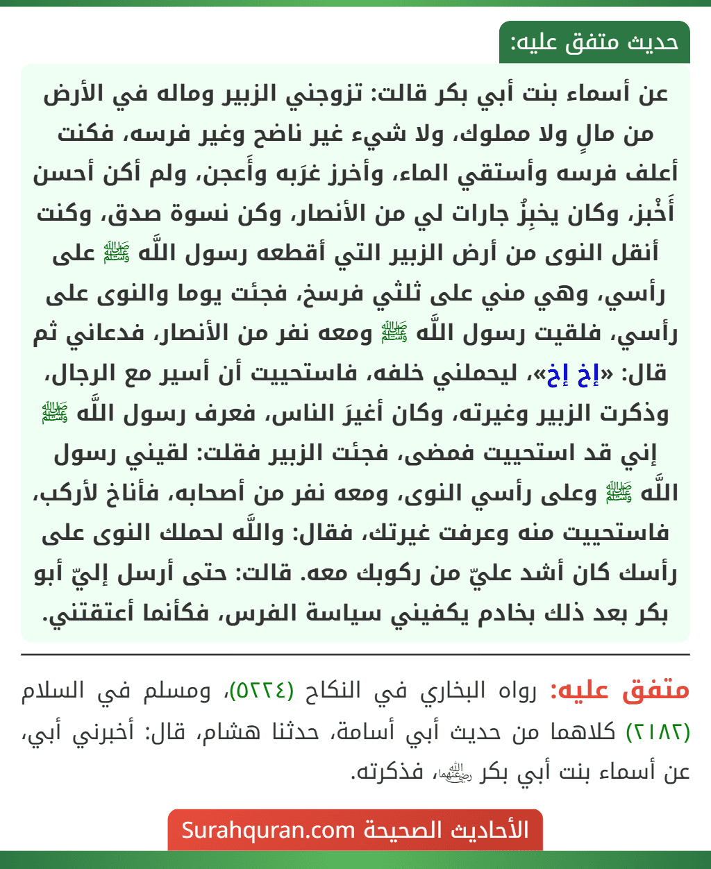 عن أسماء بنت أبي بكر قالت: تزوجني الزبير وماله في الأرض من مالٍ ولا مملوك، ولا شيء غير ناضح وغير فرسه، فكنت أعلف فرسه وأستقي الماء، وأخرز غرَبه وأَعجن، ولم أكن أحسن أَخْبز، وكان يخبِزُ جارات لي من الأنصار، وكن نسوة صدق، وكنت أنقل النوى من أرض الزبير التي أقطعه رسول اللَّه ﷺ على رأسي، وهي مني على ثلثي فرسخ، فجئت يوما والنوى على رأسي، فلقيت رسول اللَّه ﷺ ومعه نفر من الأنصار، فدعاني ثم قال: «إخ إخ»، ليحملني خلفه، فاستحييت أن أسير مع الرجال، وذكرت الزبير وغيرته، وكان أغيرَ الناس، فعرف رسول اللَّه ﷺ إني قد استحييت فمضى، فجئت الزبير فقلت: لقيني رسول اللَّه ﷺ وعلى رأسي النوى، ومعه نفر من أصحابه، فأناخ لأركب، فاستحييت منه وعرفت غيرتك، فقال: واللَّه لحملك النوى على رأسك كان أشد عليّ من ركوبك معه. قالت: حتى أرسل إليّ أبو بكر بعد ذلك بخادم يكفيني سياسة الفرس، فكأنما أعتقتني.