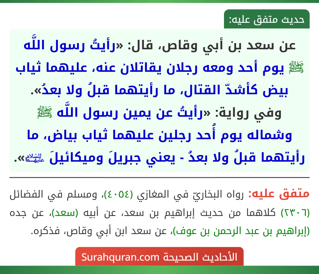 عن سعد بن أبي وقاص، قال: «رأيتُ رسول اللَّه ﷺ يوم أحد ومعه رجلان يقاتلان عنه، عليهما ثياب بيض كأشدّ القتال، ما رأيتهما قبلُ ولا بعدُ».
وفي رواية: «رأيتُ عن يمين رسول اللَّه ﷺ وشماله يوم أُحد رجلين عليهما ثياب بياض، ما رأيتهما قبلُ ولا بعدُ - يعني جبريلَ وميكائيلَ ﵉». عن سعد بن أبي وقاص، قال: «رأيتُ رسول اللَّه ﷺ يوم أحد ومعه رجلان يقاتلان عنه، عليهما ثياب بيض كأشدّ القتال، ما رأيتهما قبلُ ولا بعدُ».
وفي رواية: «رأيتُ عن يمين رسول اللَّه ﷺ وشماله يوم أُحد رجلين عليهما ثياب بياض، ما رأيتهما قبلُ ولا بعدُ - يعني جبريلَ وميكائيلَ ﵉».