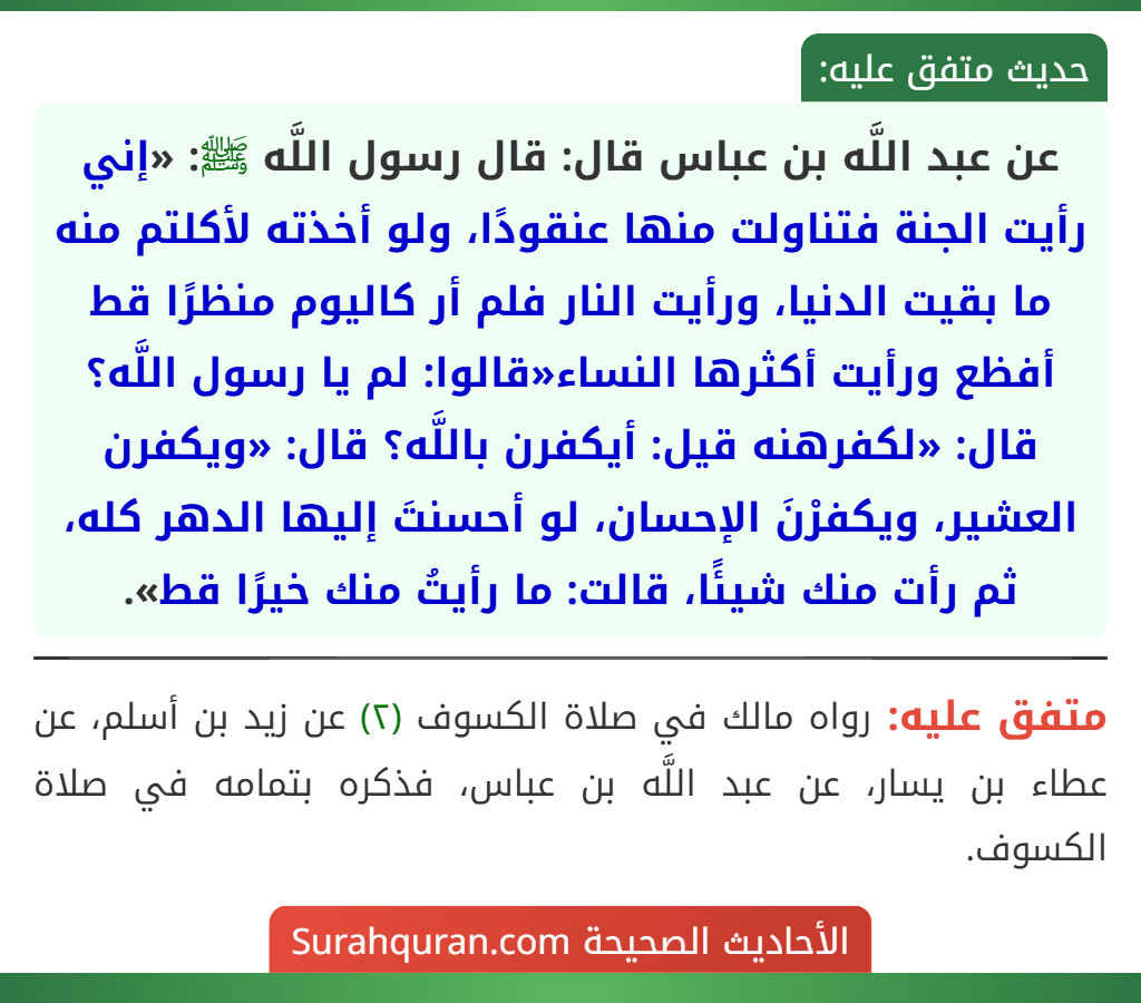 عن عبد اللَّه بن عباس قال: قال رسول اللَّه ﷺ: «إني رأيت الجنة فتناولت منها عنقودًا، ولو أخذته لأكلتم منه ما بقيت الدنيا، ورأيت النار فلم أر كاليوم منظرًا قط أفظع ورأيت أكثرها النساء«قالوا: لم يا رسول اللَّه؟ قال: «لكفرهنه قيل: أيكفرن باللَّه؟ قال: «ويكفرن العشير، ويكفرْنَ الإحسان، لو أحسنتَ إليها الدهر كله، ثم رأت منك شيئًا، قالت: ما رأيتُ منك خيرًا قط».