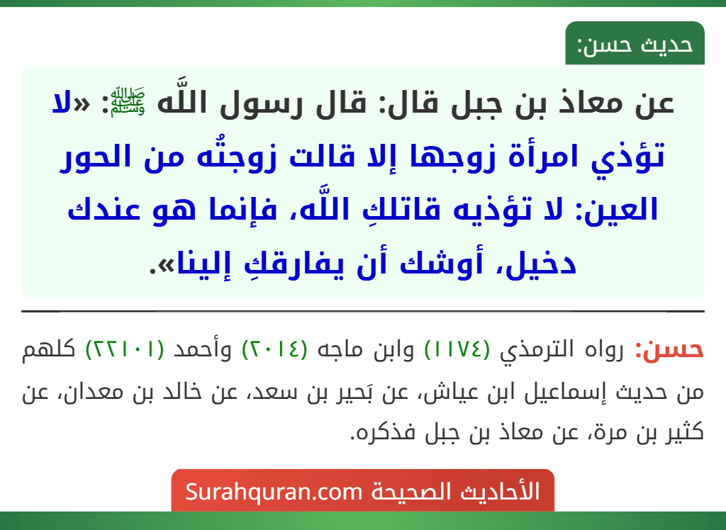عن معاذ بن جبل قال: قال رسول اللَّه ﷺ: «لا تؤذي امرأة زوجها إلا قالت زوجتُه من الحور العين: لا تؤذيه قاتلكِ اللَّه، فإنما هو عندك دخيل، أوشك أن يفارقكِ إلينا».