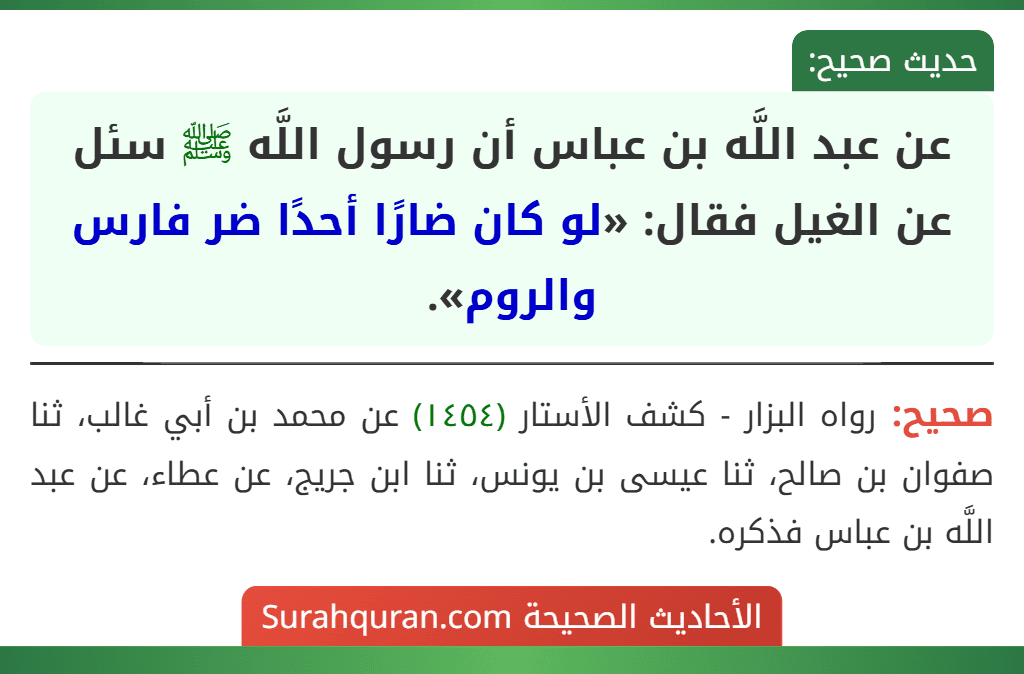 عن عبد اللَّه بن عباس أن رسول اللَّه ﷺ سئل عن الغيل فقال: «لو كان ضارًا أحدًا ضر فارس والروم».