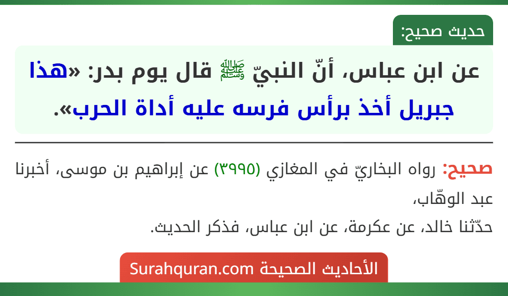 عن ابن عباس، أنّ النبيّ ﷺ قال يوم بدر: «هذا جبريل أخذ برأس فرسه عليه أداة الحرب».