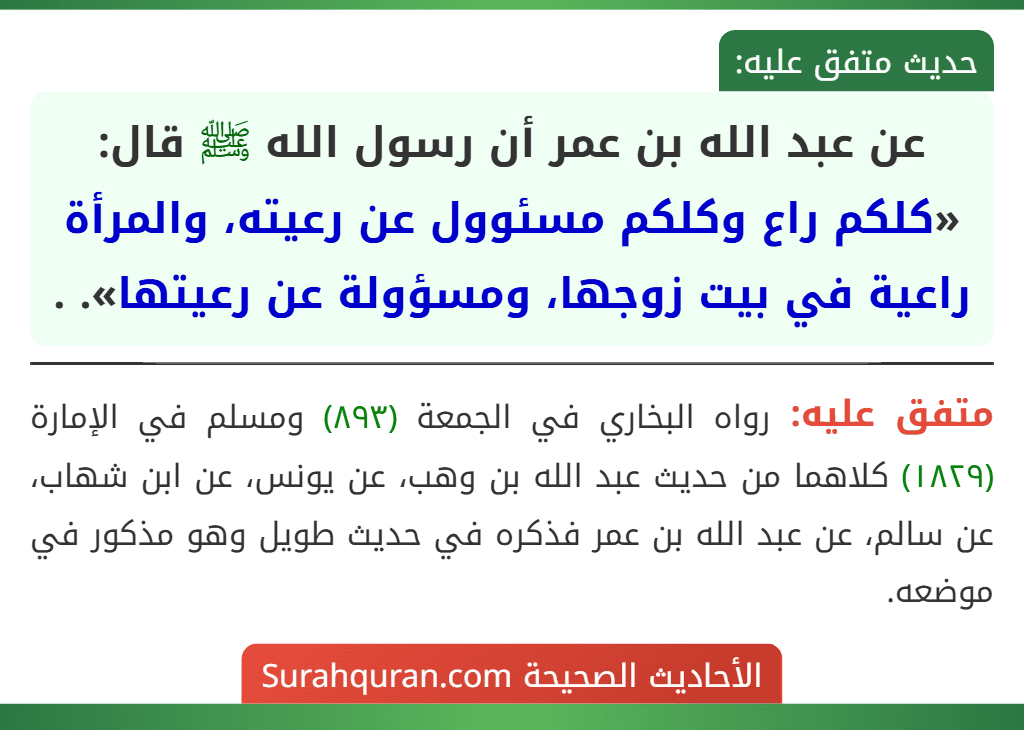 عن عبد الله بن عمر أن رسول الله ﷺ قال: «كلكم راع وكلكم مسئوول عن رعيته، والمرأة راعية في بيت زوجها، ومسؤولة عن رعيتها». .