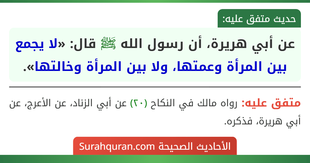 عن أبي هريرة، أن رسول الله ﷺ قال: «لا يجمع بين المرأة وعمتها، ولا بين المرأة وخالتها».