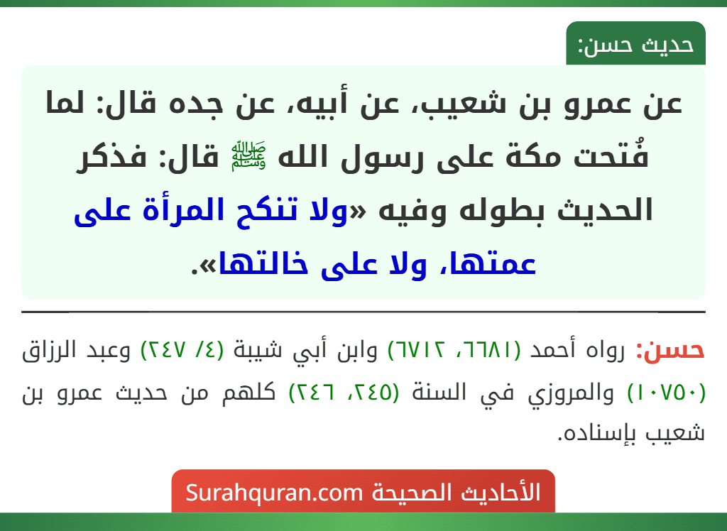 عن عمرو بن شعيب، عن أبيه، عن جده قال: لما فُتحت مكة على رسول الله ﷺ قال: فذكر الحديث بطوله وفيه «ولا تنكح المرأة على عمتها، ولا على خالتها».