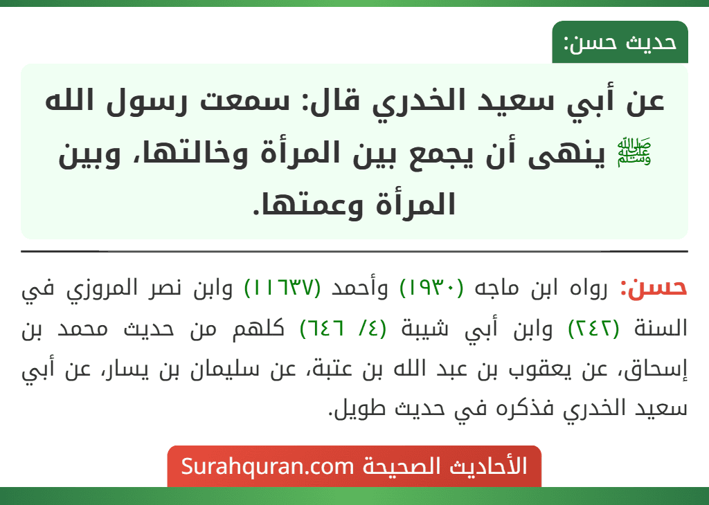 عن أبي سعيد الخدري قال: سمعت رسول الله ﷺ ينهى أن يجمع بين المرأة وخالتها، وبين المرأة وعمتها.